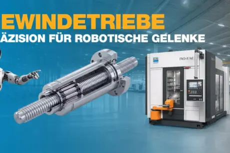 Freigestellte Explosionsdarstellung eines Gewindetriebs im Vordergrund, detailliert und metallisch dargestellt, im Hintergrund ein humanoider Roboter neben einer CNC-Fertigungsmaschine in einer Industriehalle.