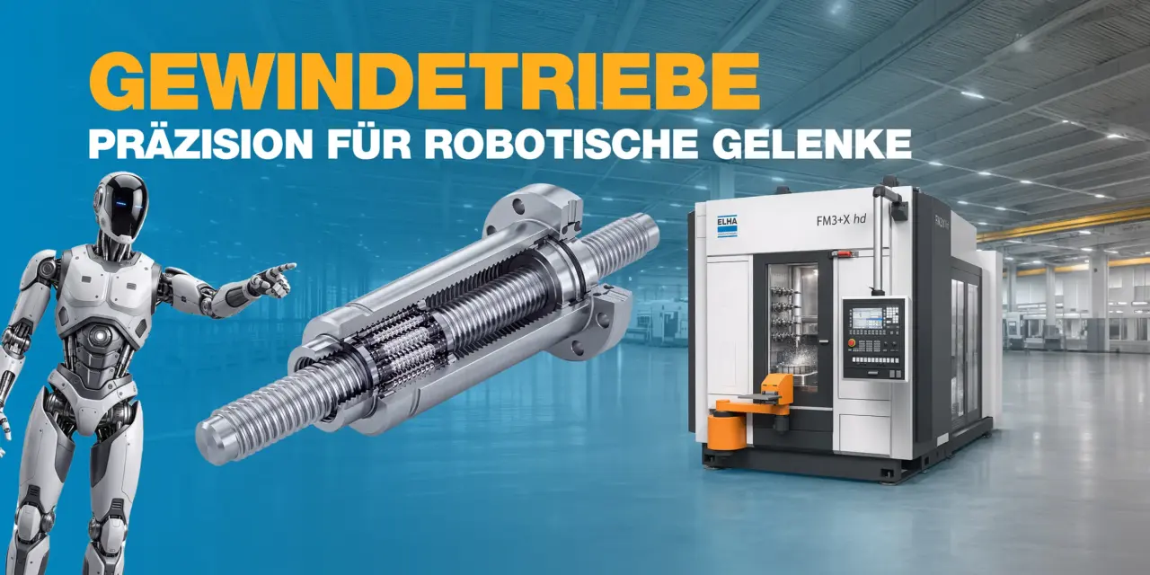 Freigestellte Explosionsdarstellung eines Gewindetriebs im Vordergrund, detailliert und metallisch dargestellt, im Hintergrund ein humanoider Roboter neben einer CNC-Fertigungsmaschine in einer Industriehalle.