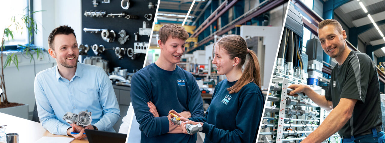ELHA Maschinenbau Karrierebanner mit motivierten Mitarbeitenden aus Büro, Ausbildung und Produktion – Einstieg in Ausbildung, Jobs und Karriere.