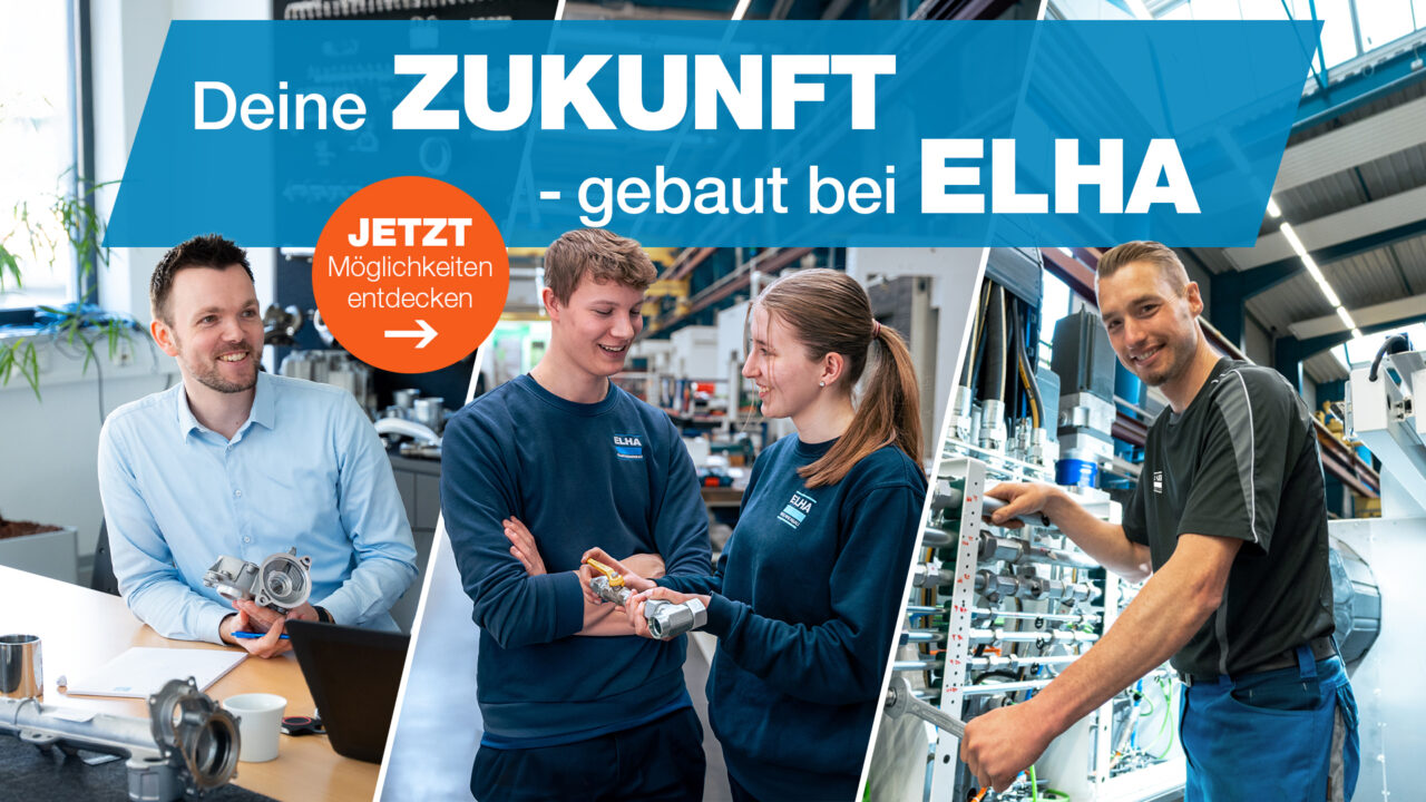 ELHA Maschinenbau Karrierebanner mit motivierten Mitarbeitenden aus Büro, Ausbildung und Produktion – Einstieg in Ausbildung, Jobs und Karriere.