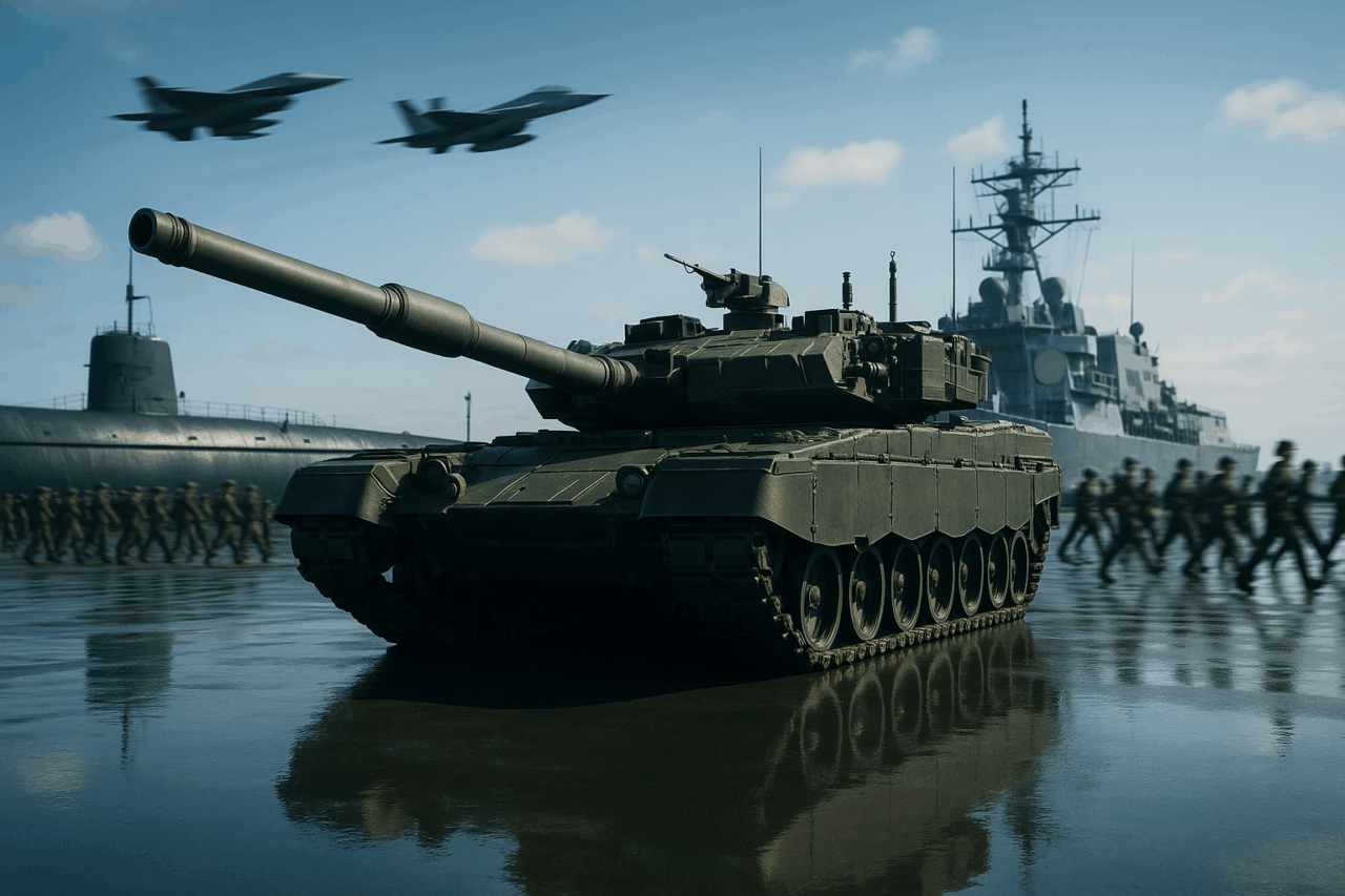 Symbolbild für militärische Fertigungsanwendungen: Kampfpanzer mit Marine, Luftwaffe und Bodentruppen – steht für komplexe Bauteile, hochfeste Werkstoffe und prozesssichere Zerspanung in der Wehrtechnik.